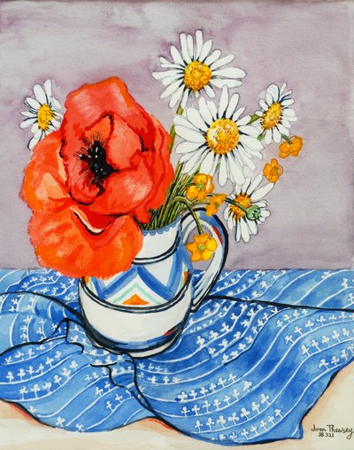 Pavot oriental rouge et marguerites dans un pichet de Honiton - Joan Thewsey