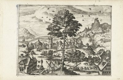 Paysage avec petite ville au bord de la rivière - Joannes van Doetechum (I) (attributed to)