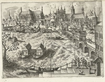 Paysage urbain avec pont et port - Joannes van Doetechum (I) (attributed to)