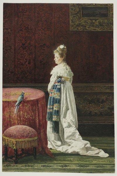 Femme avec un perroquet vert - Joaquin Agrasot y Juan