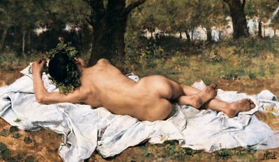 Jeune Bacchus : Bacchus de dos allongé sur une feuille dans l