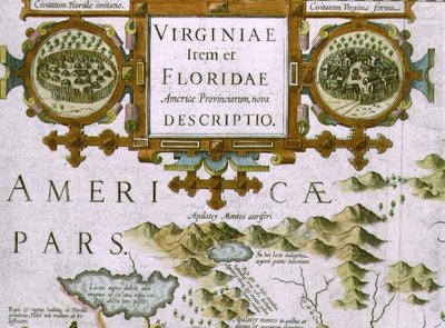 Cartouche de titre et encarts, détail de la carte de la Caroline du Nord intitulée Virginiae item et Floridae, de l