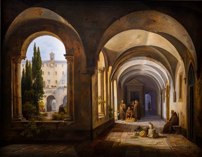 Moines franciscains dans le cloître de Santa Maria d