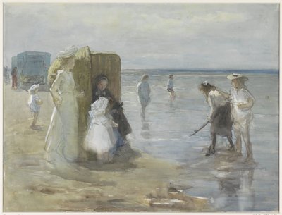 Vue le long de la ligne de marée sur la plage de Scheveningen, avec deux dames et des enfants - Johan Antonie de Jonge