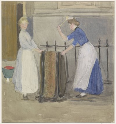 Deux domestiques battant un tapis devant une maison de ville - Johan Antonie de Jonge