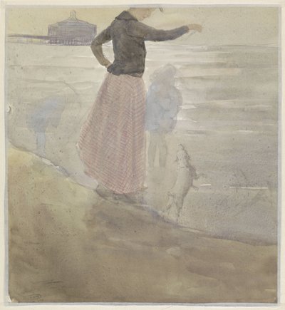 Femme avec deux enfants et un petit chien à la plage - Johan Antonie de Jonge