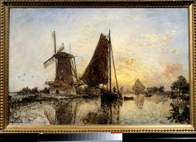 Paysage hollandais, bateaux près du moulin - Johan Barthold Jongkind