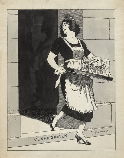 Conception pour illustration dans De Amsterdammer : La Vierge néerlandaise comme servante avec un plateau de verres trébuche sur la marche Élections (17 mai 1924) - Johan Braakensiek
