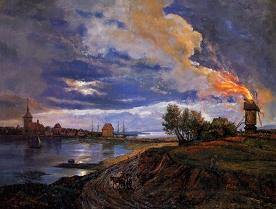 Moulin à vent en feu à Stege - Johan Christian Dahl