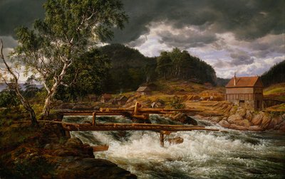 Norvégien Bokmål :  Hellefossen ved Hokksund Hellefossen near Hokksund - Johan Christian Dahl