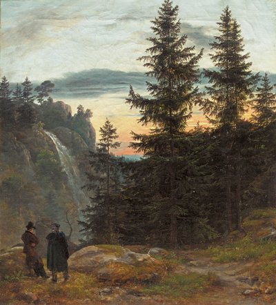 Deux hommes devant une cascade au coucher du soleil - Johan Christian Dahl