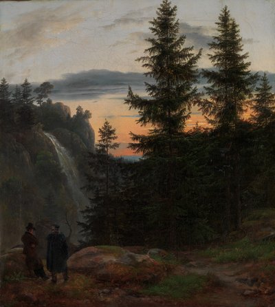 Deux hommes devant une cascade au coucher du soleil, 1823 - Johan Christian Dahl