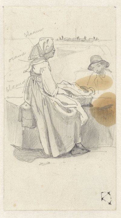 Frau im Profil, auf einer Mauer ruhend, auf der ein Korb steht von Johan Daniël Koelman