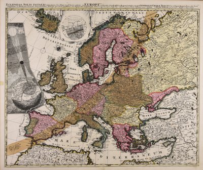 Eclipseos Solis totalis cum mora d. 12 Maji 1706 horis antem in Europa celebratae geographica repraesentatio, in qua centralis umbrae tractus ac reliquae magnitudines suis locis competentes, ex illustrium virorum observationibus deductae per arcus parallel - Johan Gabriel Doppelmayr