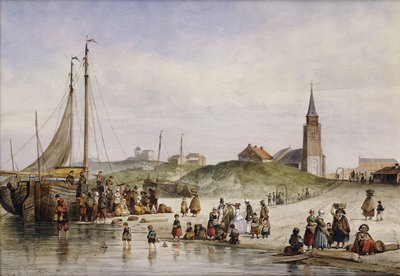 Pêcheurs sur une plage avec une ville au loin, 1857 - Johan Gerard Smits
