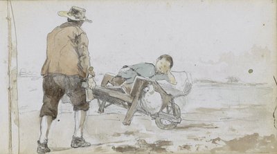 Paysage avec un homme poussant un garçon sur une charrette à main - Johan Hendrik Weissenbruch