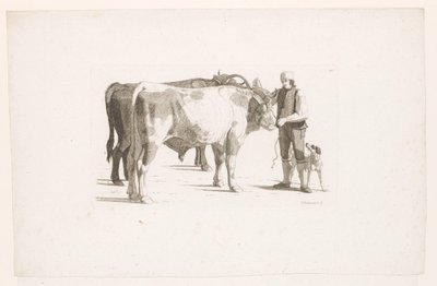 Homme et un chien à côté de deux bœufs avec un joug - Johan Jakob Biedermann