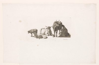 Femme trayant une vache, avec du bétail et des moutons - Johan Jakob Biedermann