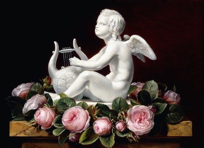 Guirlande de roses roses autour de Cupidon jouant de la lyre sur un rebord de marbre, 1841 - Johan Laurents Jensen