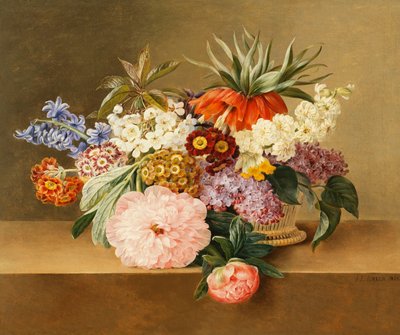 Iris, lilas, primevères, fleurs et pivoines dans un panier - Johan Laurents Jensen