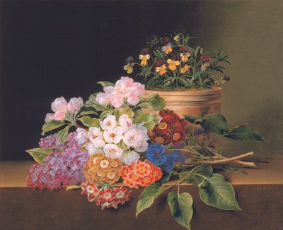 Lilas, fleurs de pommier, bleuets et œillets de poète avec un pot de pensées sur une corniche, 1827 - Johan Laurents Jensen