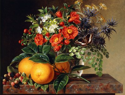 Oranges, mûres et un vase de fleurs sur un rebord, 1834 - Johan Laurents Jensen