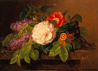 Pivoines, lilas et primevères sur un rebord de marbre - Johan Laurents Jensen