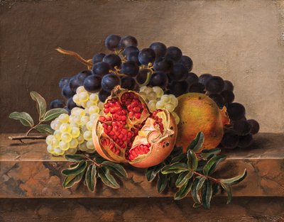 Grenades et raisins verts et bleus sur un cadre en marbre - Johan Laurentz Jensen