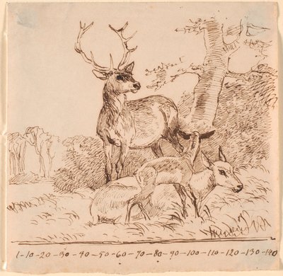 Un cerf, une biche et leurs faons - Johan Thomas Lundbye