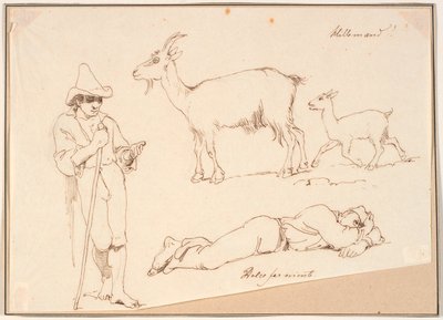 Un berger, une chèvre avec son chevreau et un homme allongé - Johan Thomas Lundbye