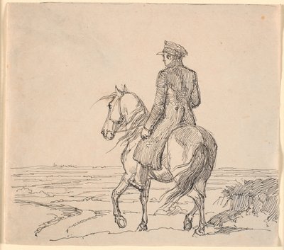 Un cavalier vu de biais de dos chevauchant vers un paysage étendu - Johan Thomas Lundbye