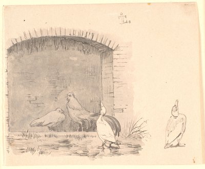 Les poules et les canards. À droite, étude d