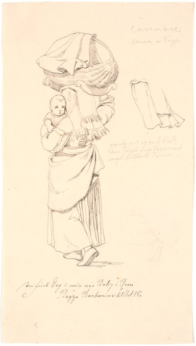 Italienne avec son enfant sur le bras et son berceau sur la tête. À droite, étude de son couvre-chef - Johan Thomas Lundbye