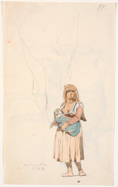 Italienne avec son enfant allaitant, en haut une étude au crayon de - probablement - une jambe de cheval - Johan Thomas Lundbye