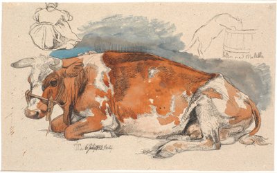 Vache couchée. En haut à gauche, une paysanne assise, à droite, un chat buvant du pissenlit - Johan Thomas Lundbye