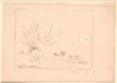 Paysage avec un saule près de grosses pierres, un coq, une charrue et trois vaches - Johan Thomas Lundbye