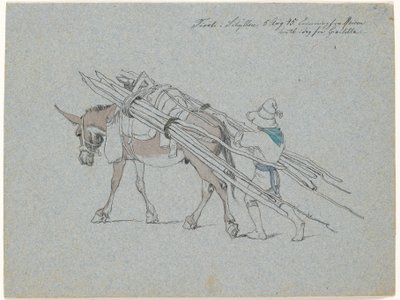 Mulet chargé de fines bûches et suivi par le conducteur - Johan Thomas Lundbye