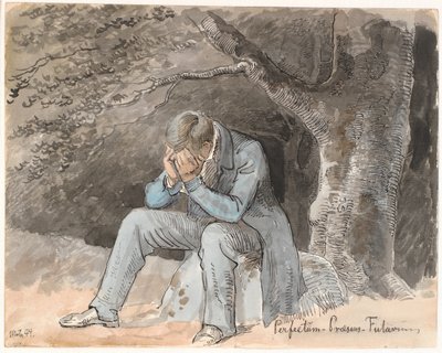 "Perfectum - Présent - Futur". Jeune homme assis sous un arbre sur une pierre avec les mains sur le visage - Johan Thomas Lundbye