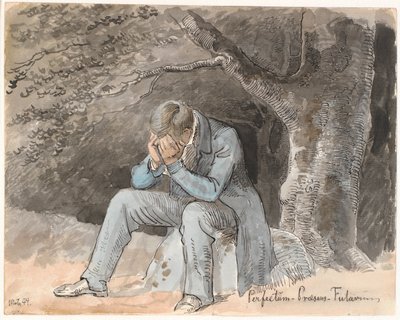 "Perfectum - Présent - Futur". Jeune homme assis sous un arbre sur une pierre avec les mains sur le visage - Johan Thomas Lundbye