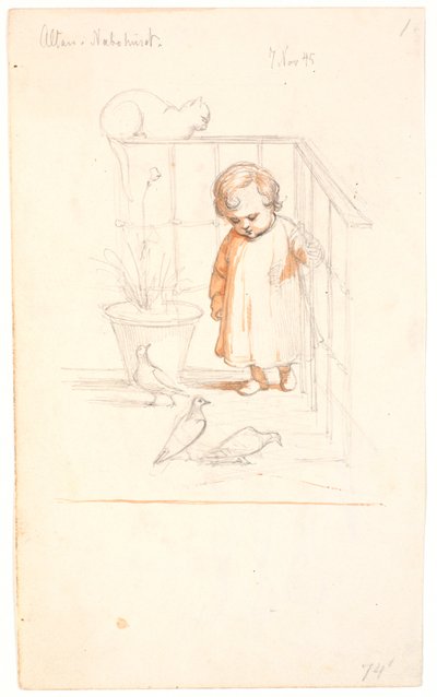 Scène sur un balcon. Petit garçon regardant des pigeons. Sur la balustrade en arrière-plan, un chat enroulé - Johan Thomas Lundbye