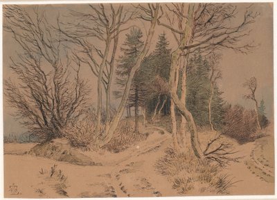 Routes enneigées entre sapins et arbres nus - Johan Thomas Lundbye