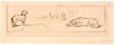 Deux chiens dans une rue. En arrière-plan une calèche et deux piétons - Johan Thomas Lundbye