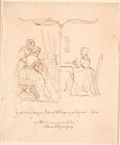 Deux dames lisant des lettres à gauche, une dame écrivant une lettre à droite - Johan Thomas Lundbye