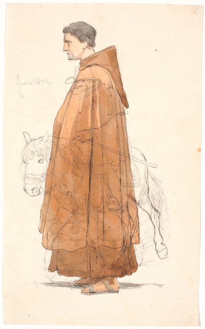 Jeune moine franciscain, debout de profil, avec un campagnol dessiné au-dessus - Johan Thomas Lundbye