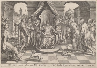Moïse et Aaron devant le Pharaon - Johan Wierix, after Maarten van Cleef