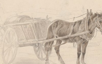 Chariot tiré par un cheval brun près d