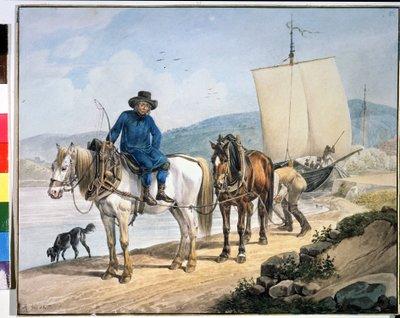 Un cheval et une charrette au bord de la rivière - Johann Adam Klein
