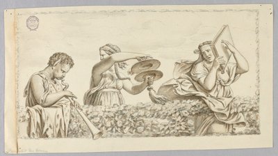 Un garçon satyre jouant de la flûte, une fille avec des cymbales, une femme avec un livre - Johann August Nahl the Younger