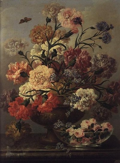 Œillets et myosotis avec des roses dans un bol en verre - Johann Baptist Drechsler