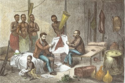 Dr. David Livingstone (1813-73) et M. Henry Morton Stanley (1841-1904) Recevant des Journaux en Afrique Centrale, gravé par Pearson (coloration ultérieure) - Johann Baptist Zweecker